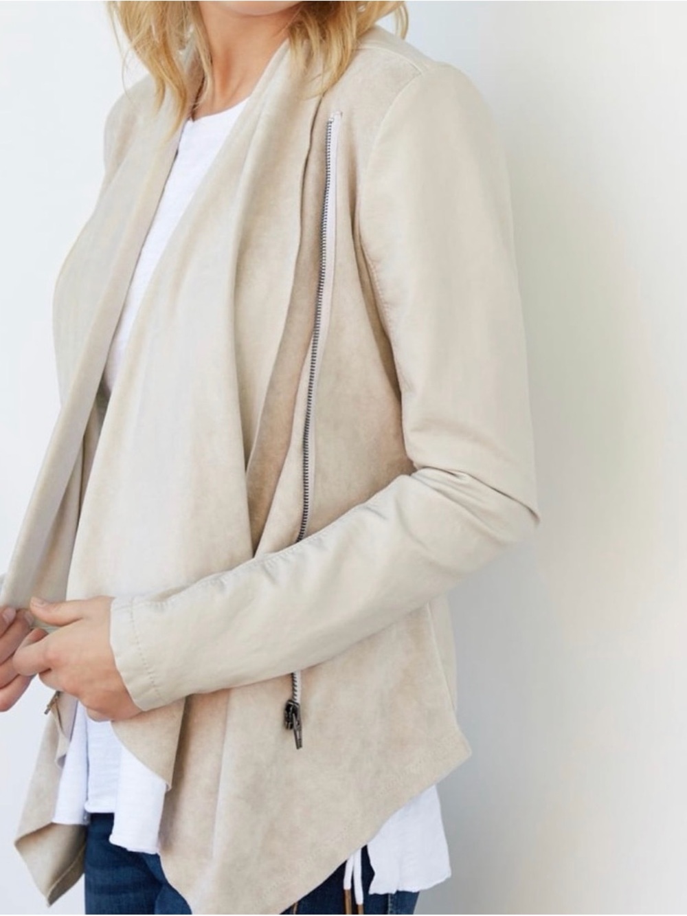 Blank NYC Light Beige Draped Suede-Front Leather Jacket